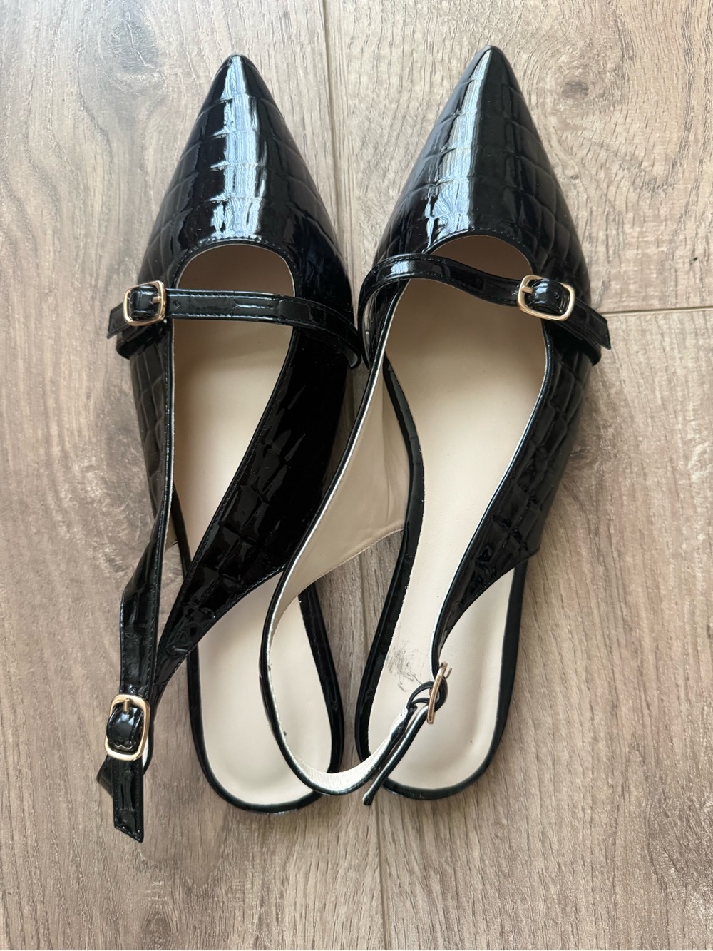 Black Patent Croc-Embossed Pointed Mary Jane Slingback Flats